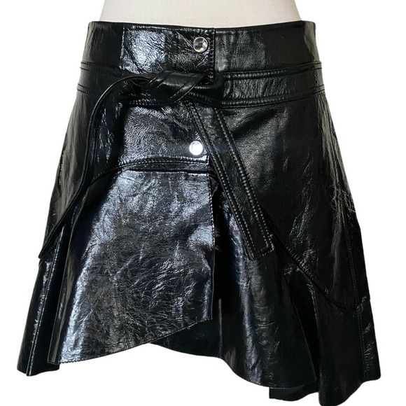 MAJE Faux Cuir Vinyl Skirt Jupe Leather Black Asymmetrical Mini Belt 40 Med NWT - Picture 8 of 11